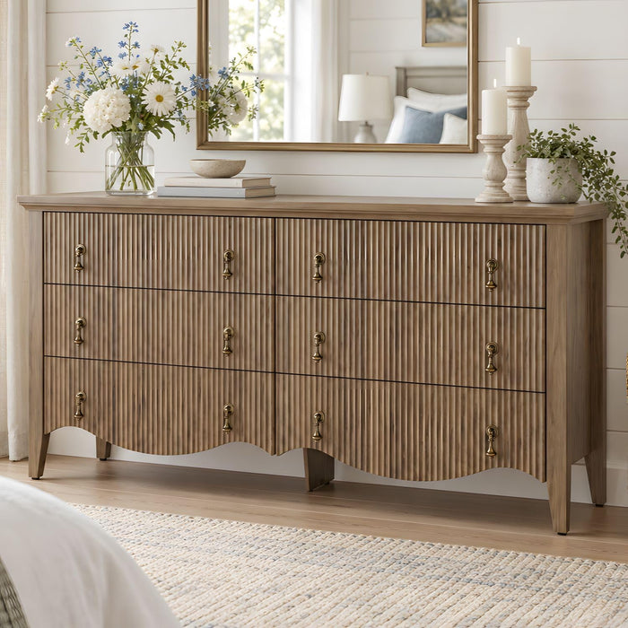 6-Drawer Fluted Dresser, 52" Wide Double Chest of Drawers,Light Oak