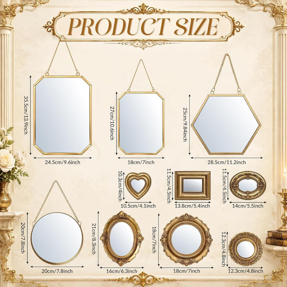 Vintage Gold Wall Mirror Set, 14in/11.2in/10.5in/7.8in, Novel Style, 10 Pcs