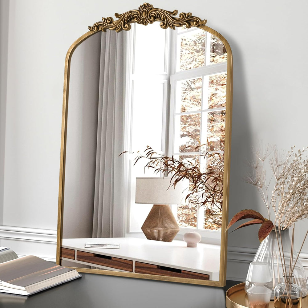 Vintage Mirror, 35" X 24" Gold Arched Antique Baroque Wall Mirror