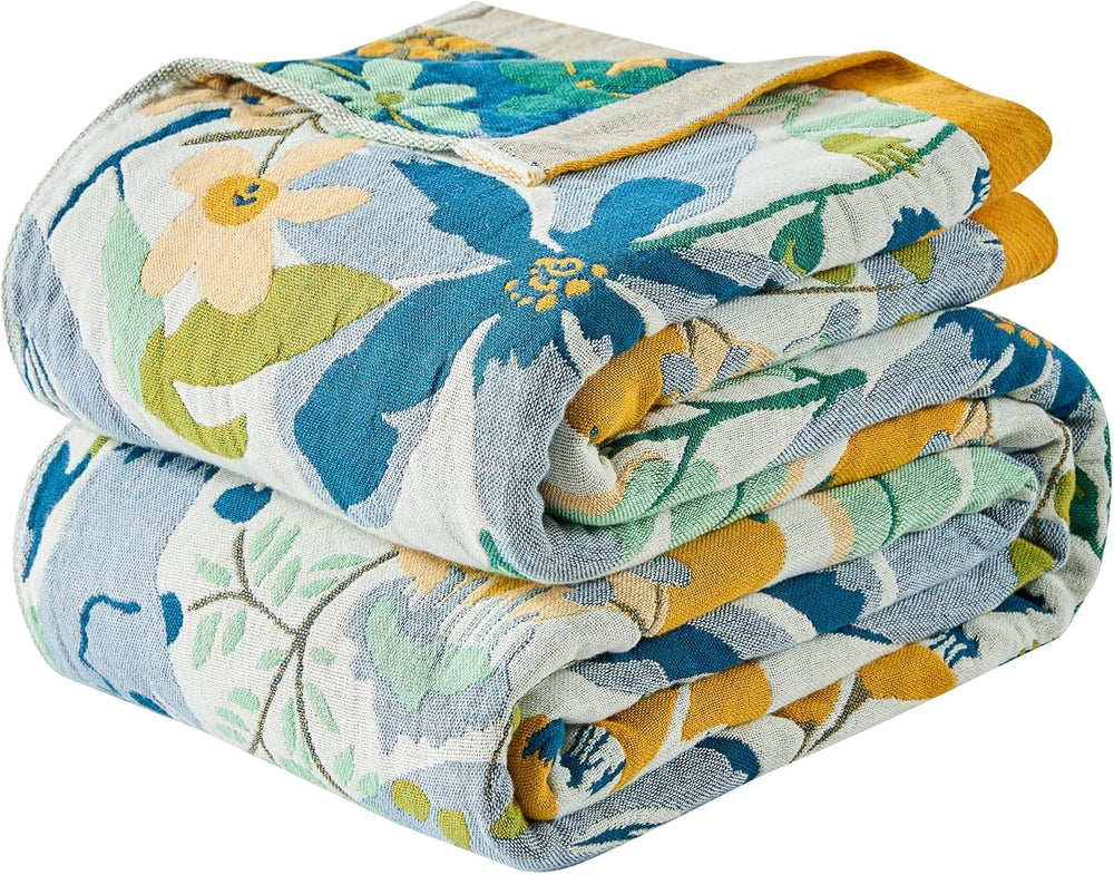 Boho Throw Blanket, 100% Soft Cotton Floral Quilt, King 90"x 98"