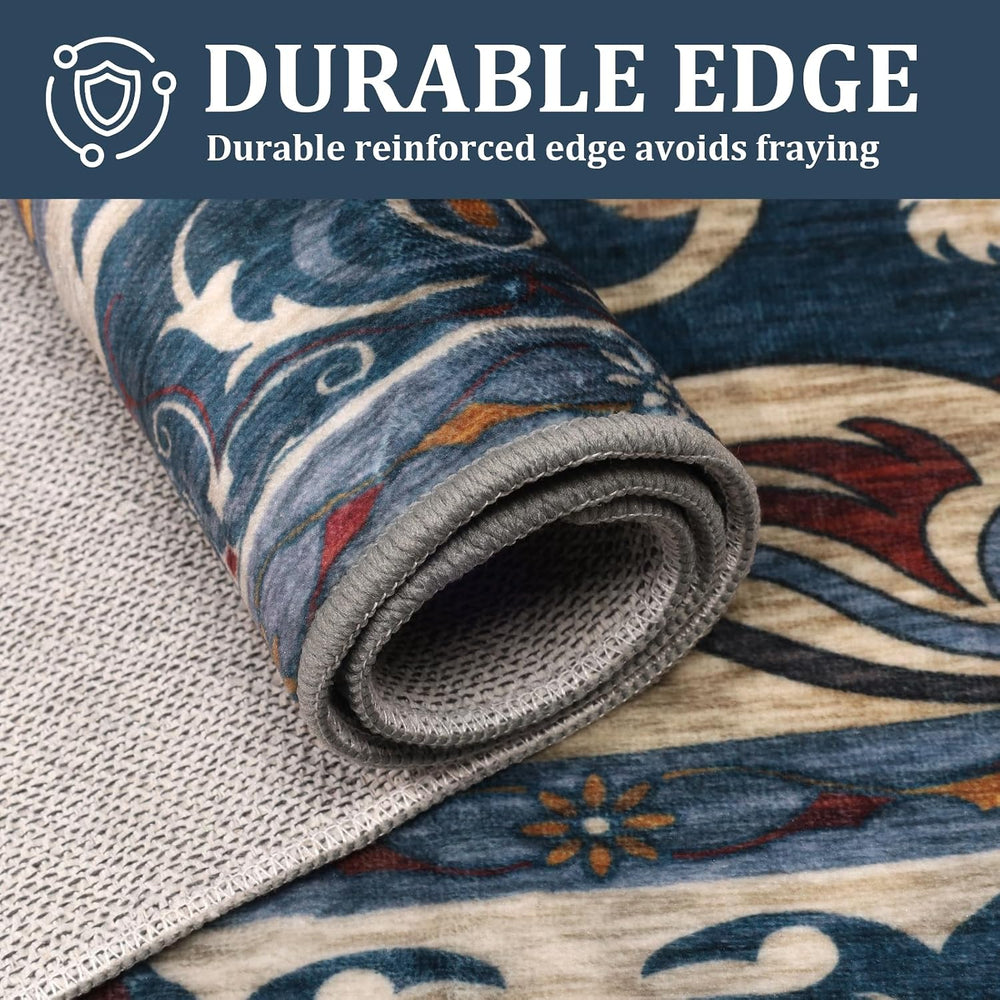 8x10 Area Rug for Large Living Room,Blue Retro Non-Slip Low Pile Rug Carpet