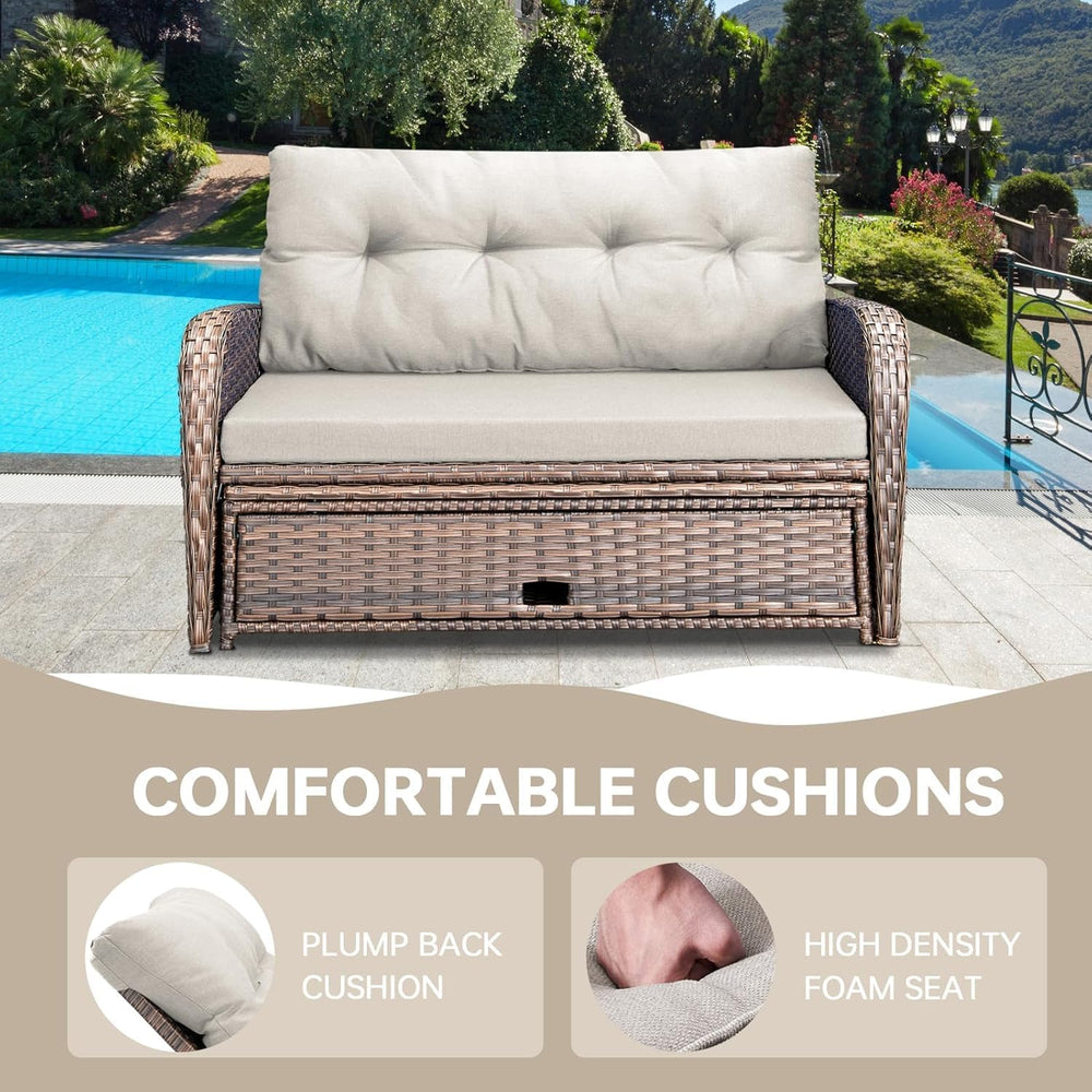 Outdoor Daybed, Patio Daybed Wicker Recliner for Two with Multifunctional Rec...
