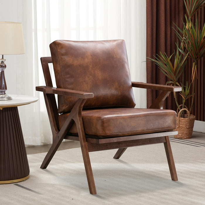 Bonzy Home Faux Leather Accent Chair for Living Room,Upholstered Armchair with Cushions and Solid Wood Frame, Mid-Century Modern Lounge Chair for Bedroom or Office