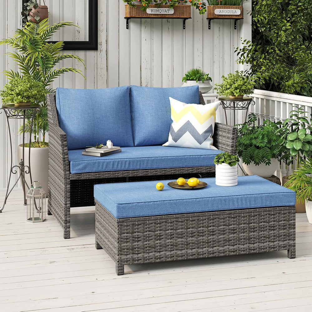 Wicker Patio Loveseat w/Storage Ottoman, 2 Pcs, Navy Blue