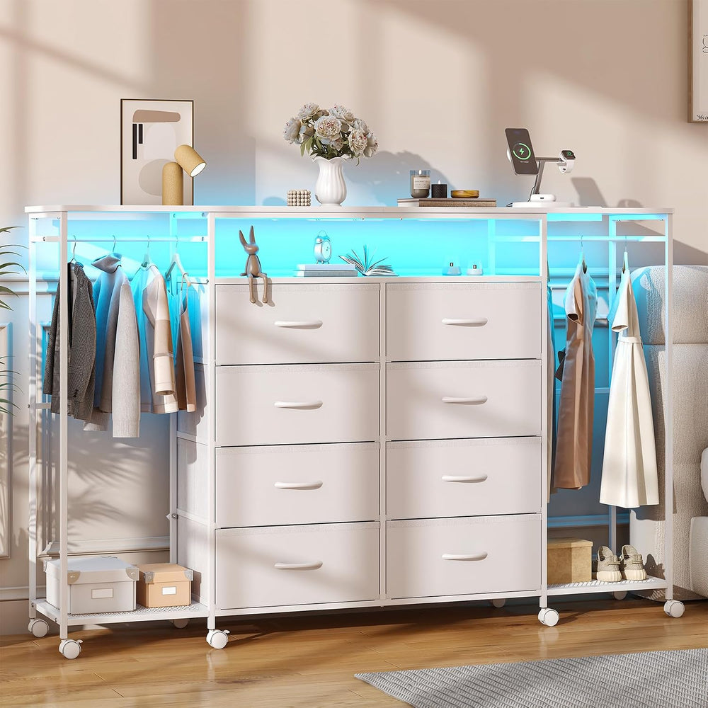 59.1" W Dresser for Bedroom with Hanging Rack, 8 Drawer Dresser with LED...