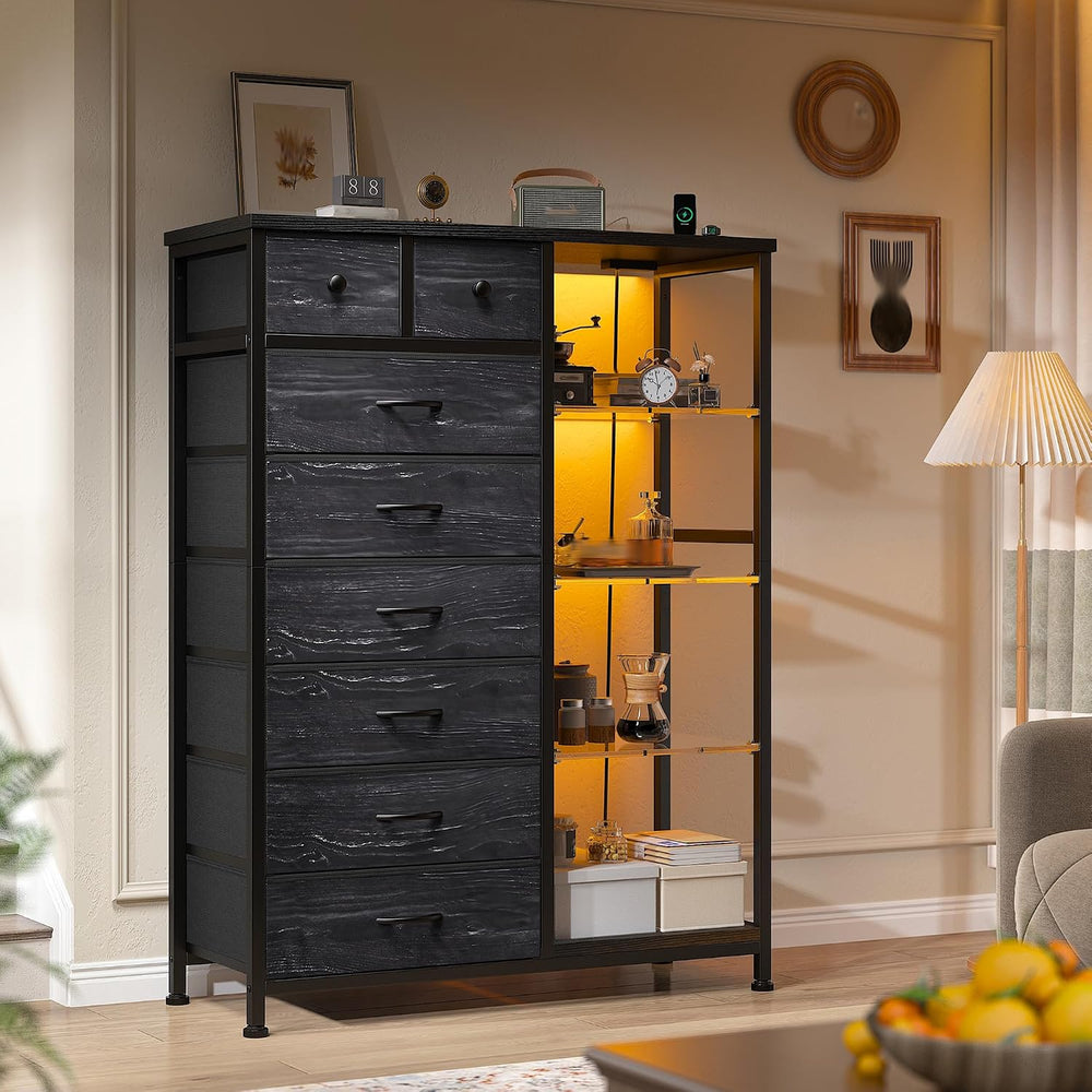 EnHomee Black Dresser with LED Lights & Power Outlets, 8 Drawers, 54" H