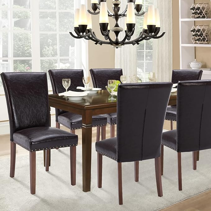 Parsons Dining Chairs Set of 6, Upholstered Nailhead PU Leather Dining Room K...