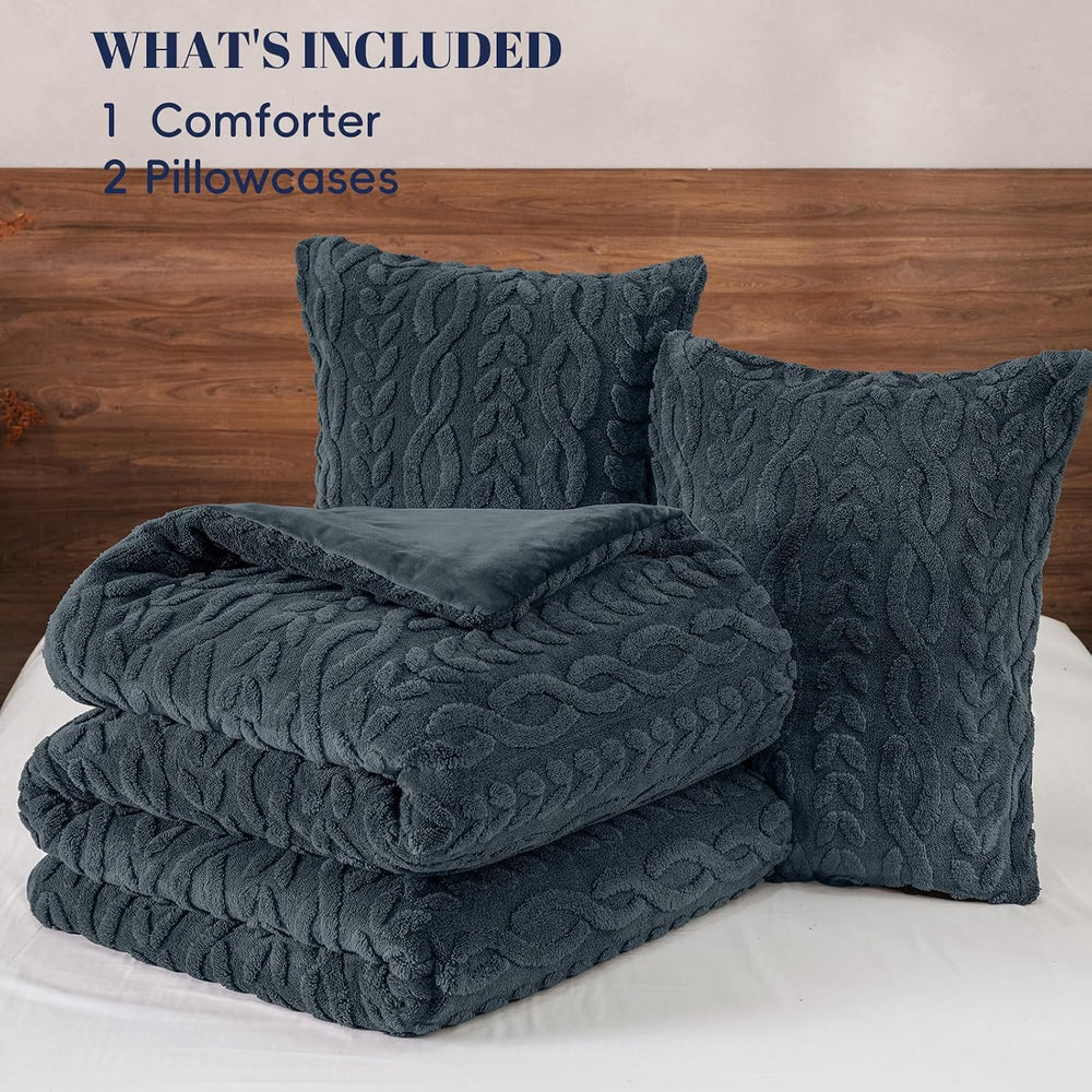 PHF Fluffy Sherpa Fleece Queen Comforter Set, 3 Pieces Warm Fuzzy Soft Beddin...
