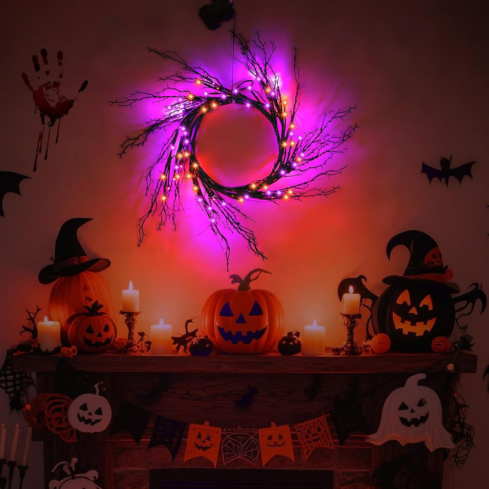 9 FT Halloween Lighted Twig Garland Decorations, 72 LED Orange Purple Lights ...