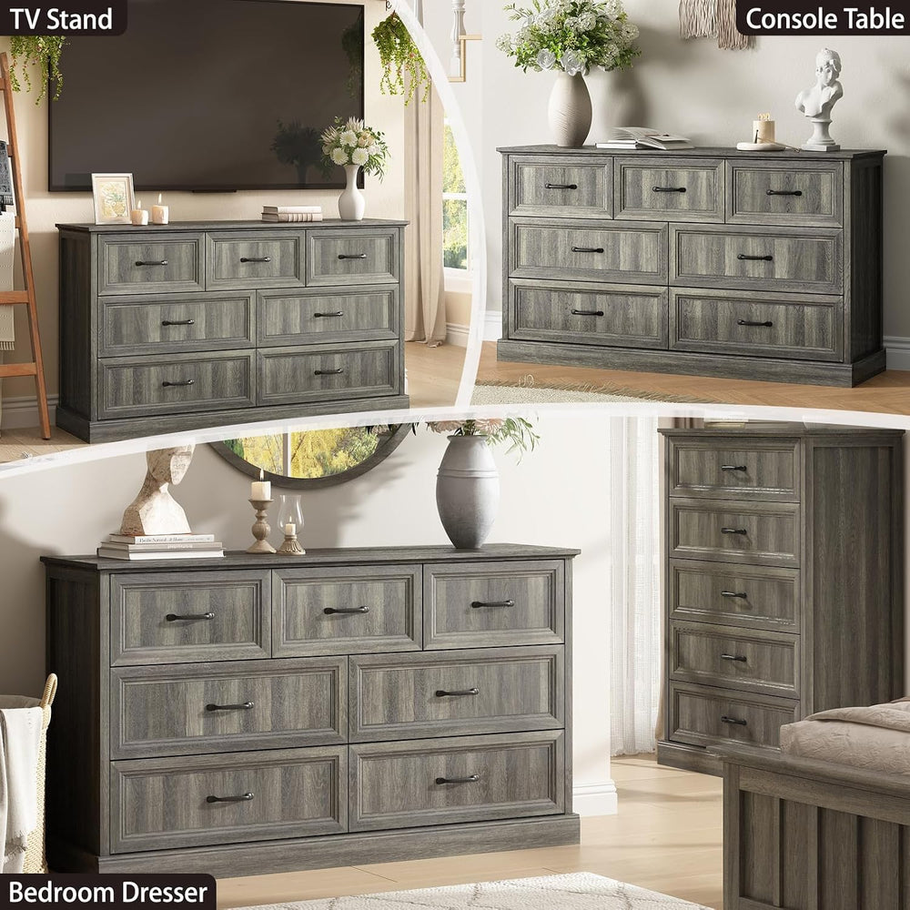 Farmhouse 7 Drawer Dresser for Bedroom, 55" Grey Dresser with TV Stand