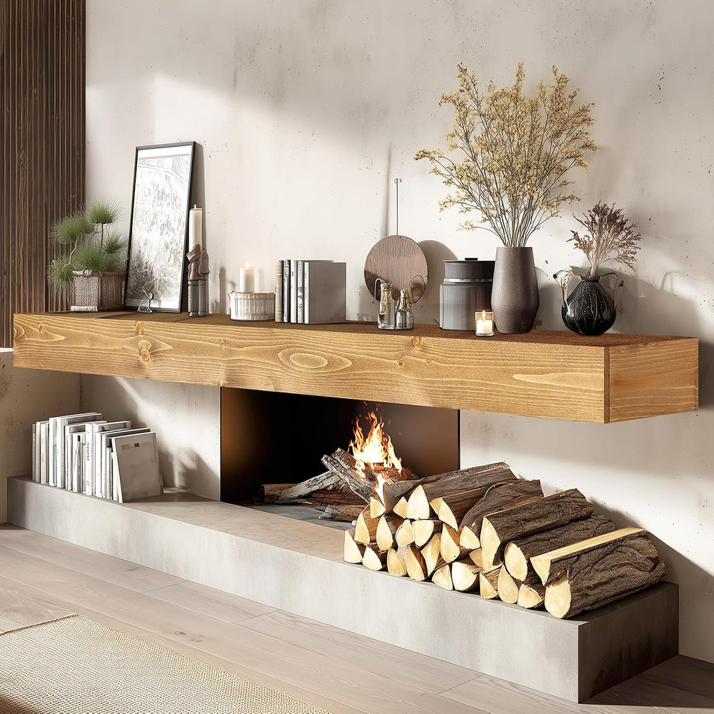 84x8x5in Pine Wood Fireplace Mantel Shelf, Natural Wood