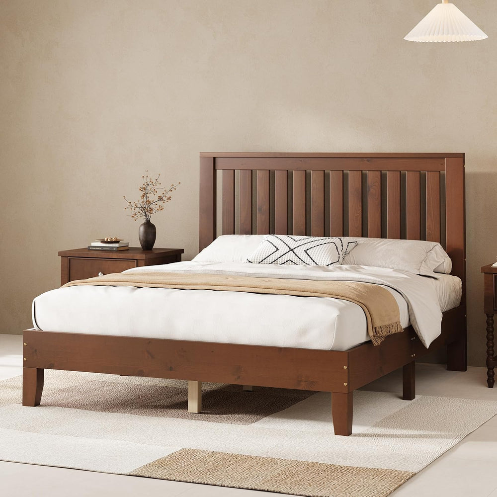 AMERLIFE Solid Wood Full Size Bed Frame with 46" Headboard, Walnut