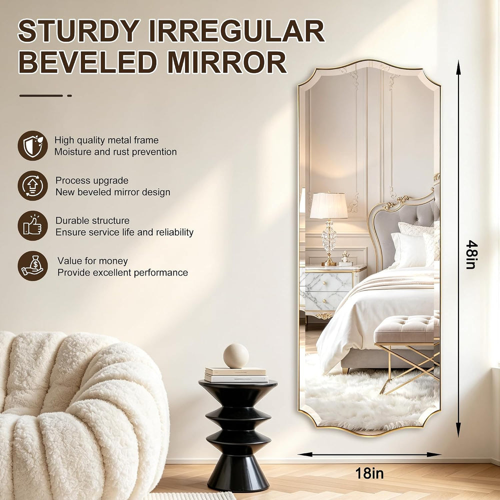 POZINO Scalloped Beveled Mirror 48"x18" Large Brushed Gold Bathroom...