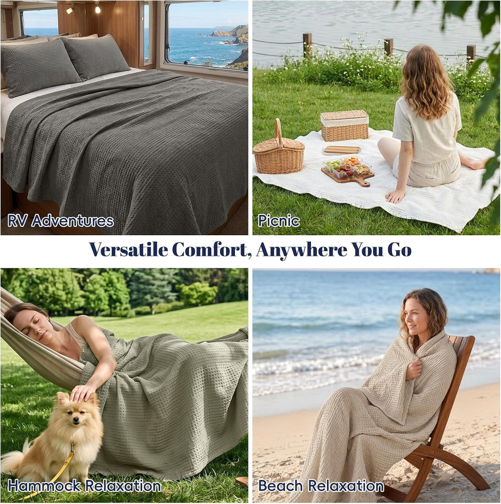 PHF Lightweight Waffle Weave Blanket King for Bed Sky Blue 104"x90"