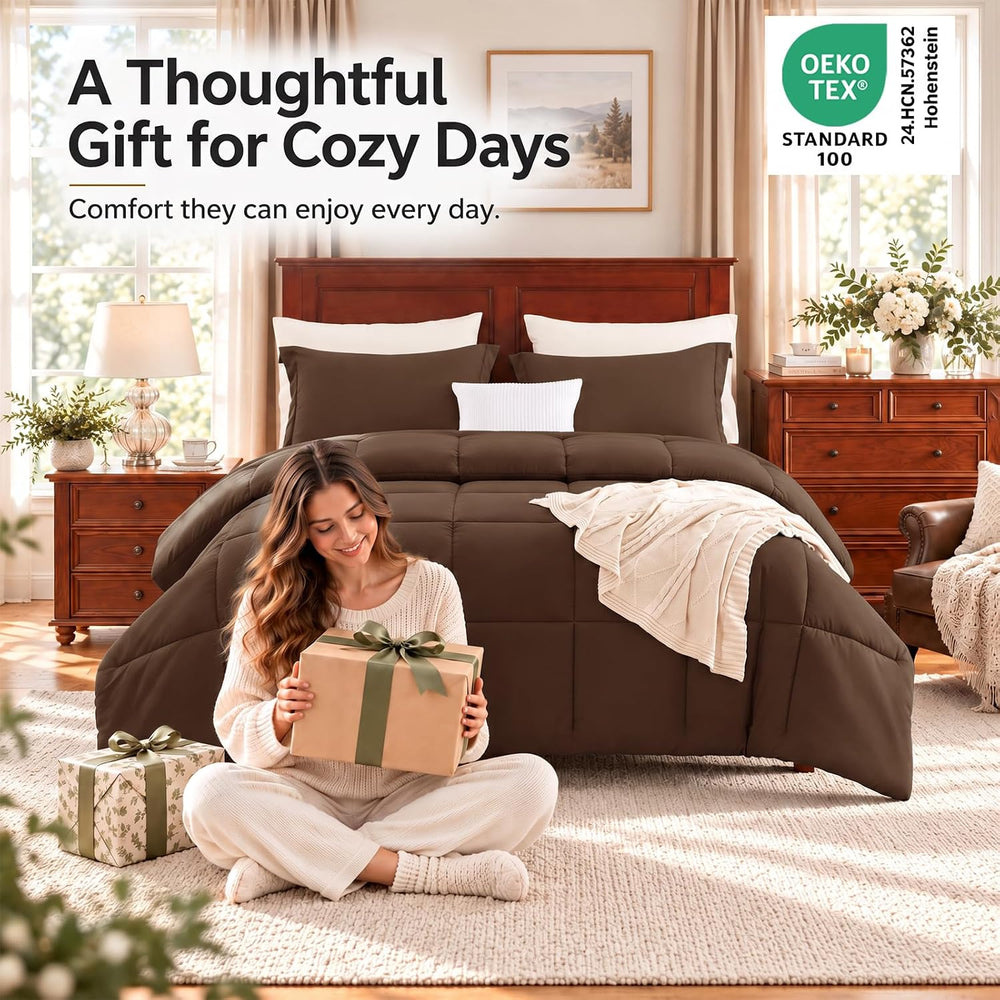 CozyLux Queen Size Comforter Set, 3-Piece Box-Stitched, Brown