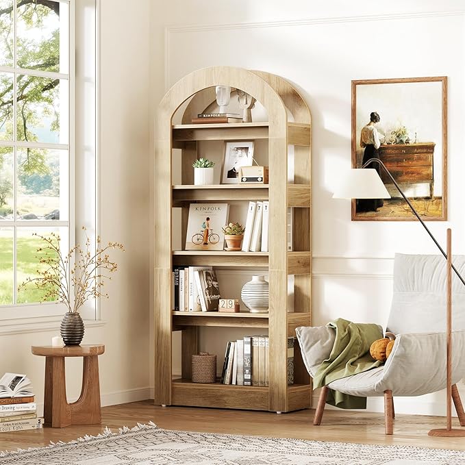 LITTLE TREE 5-Tier Bookshelf, Arch-Shaped Racks, Tall Standing Wooden Bookcas...