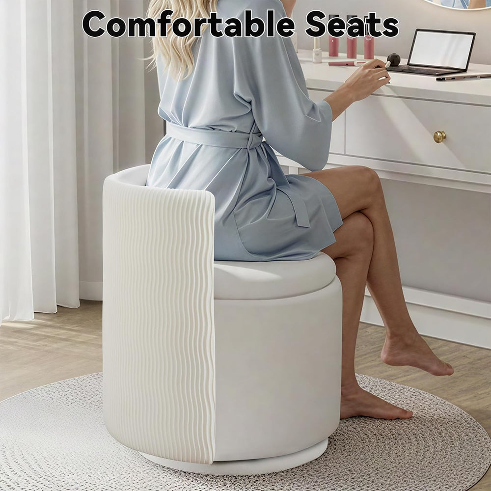360° Swivel Velvet Vanity Chair with Storage, Barrel Makeup Chair with Wave B...