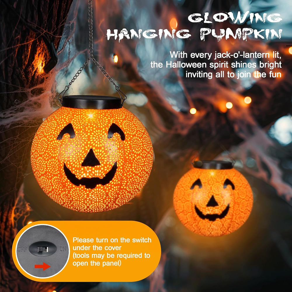 J-HVA 2-Pack Solar Halloween Pumpkin Lanterns Hanging Light,Halloween Decor