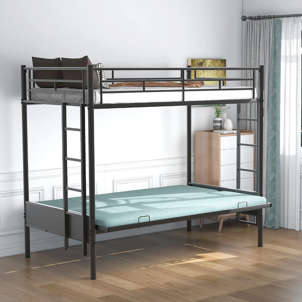 Polibi Twin Over Full Metal Bunk Bed with Two Side Ladders and Guardrail, Bot...