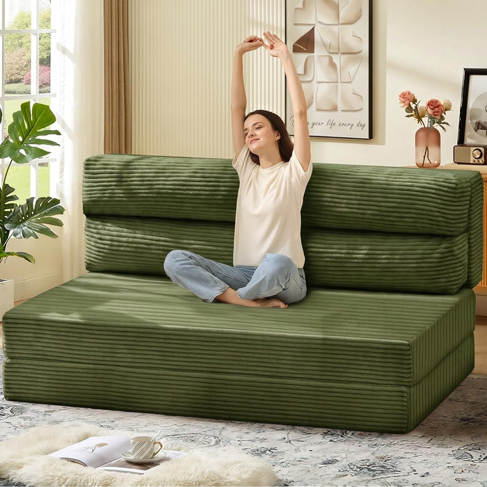 Folding Sofa Bed, Convertible Sleeper Chair with Pilow Foldable Matress, 2 in 1 Pull Out Loveseat Sofa Portable Fold Out Chair Bed Floor Couch Lounge for Living Room (Green, Queen)