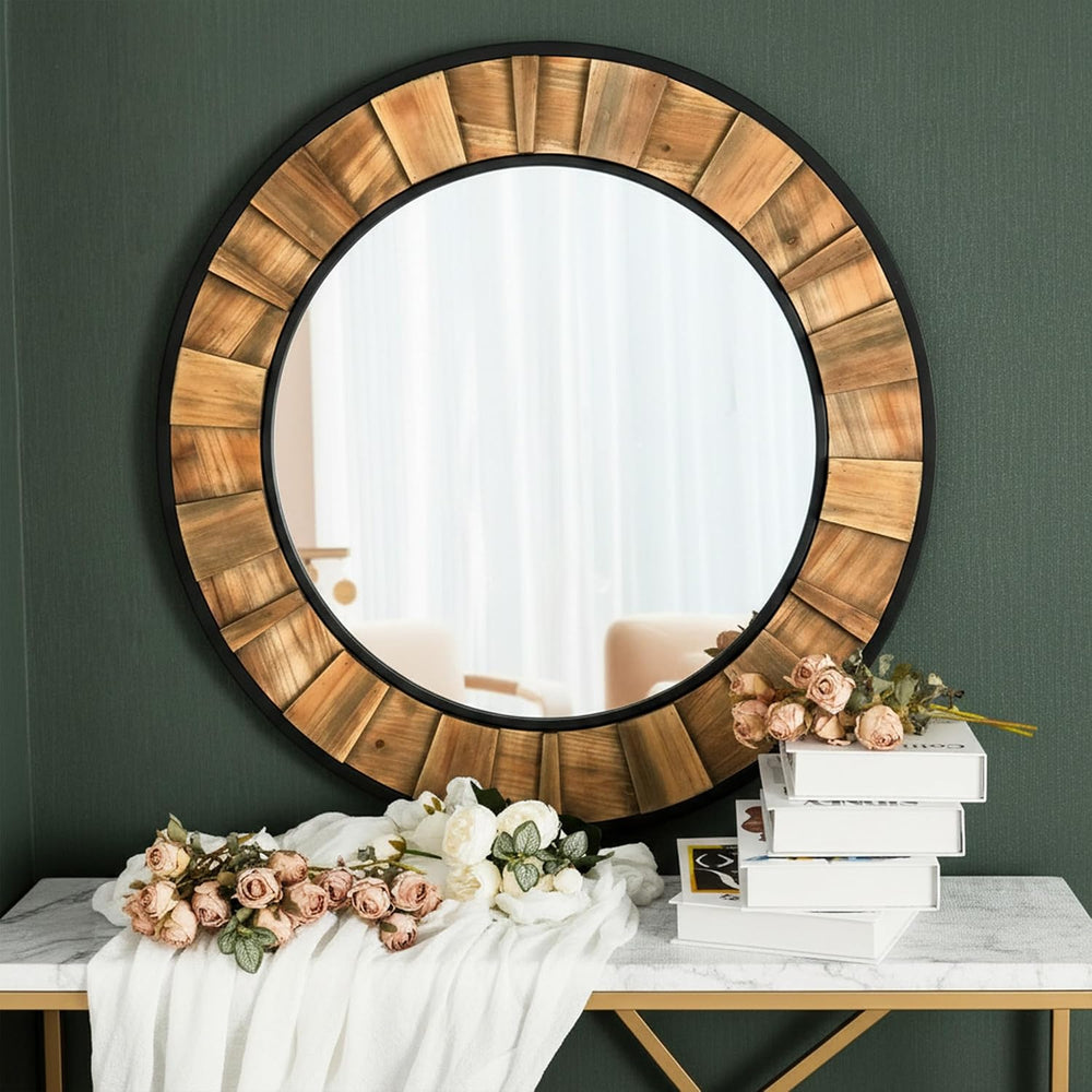 ZIYOO Round Wood Mirror 30", Metal & Wooden Frame Decorative Wall Mi...