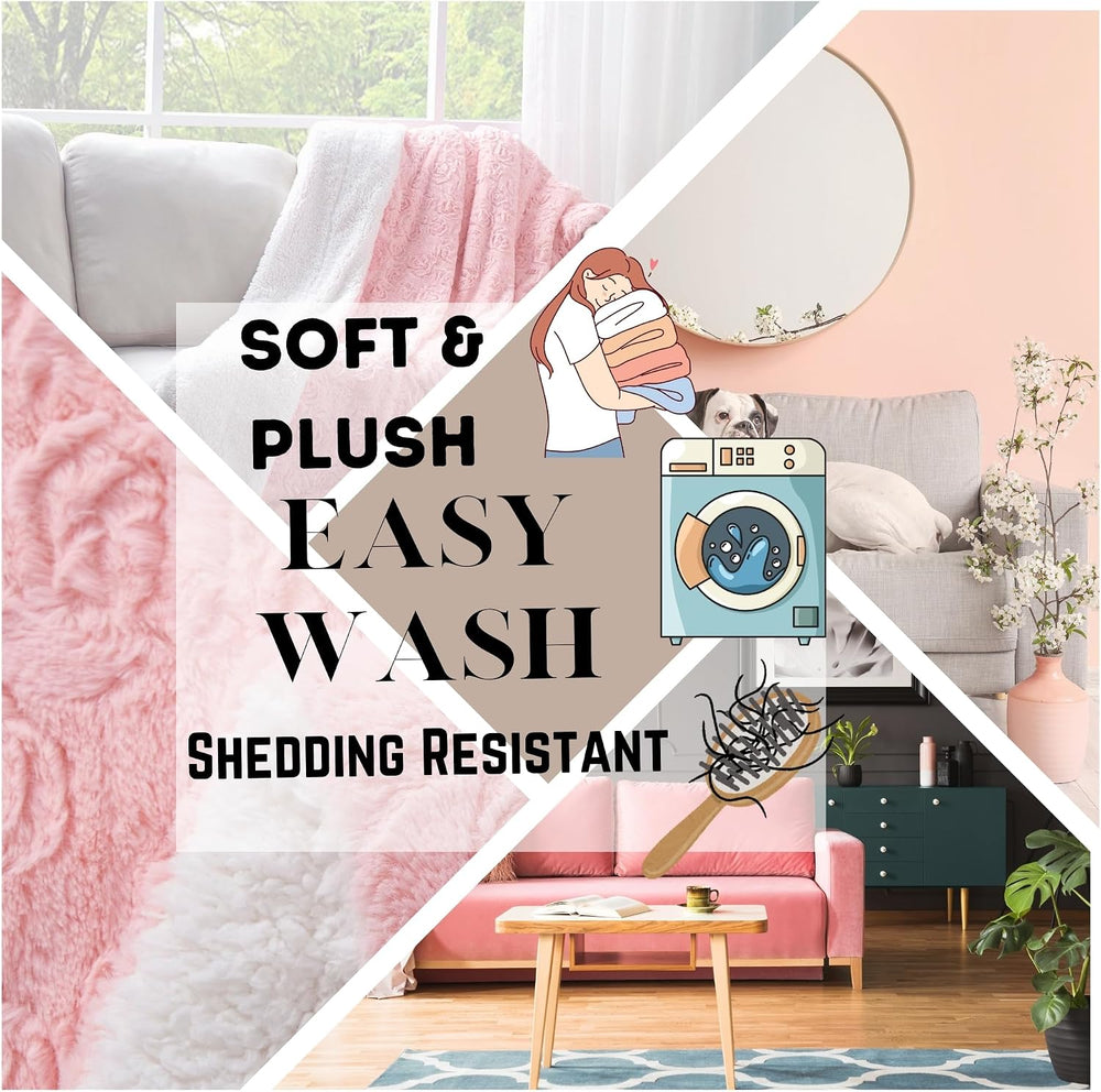 DaDa Bedding Pink Faux Fur Sherpa Blanket, 90 x 90 Inches