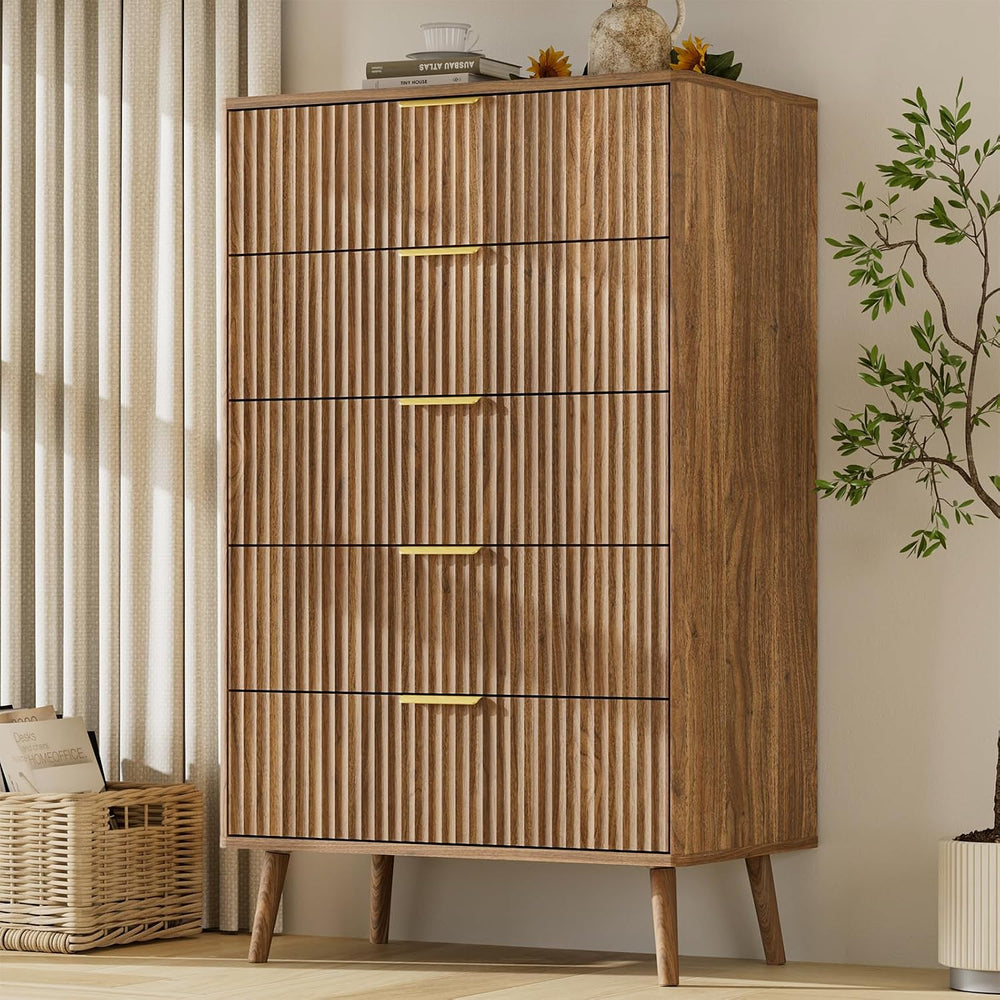 LYNSOM Fluted 5 Drawers Dresser, 45" Tall Modern Chest of Drawers with C...