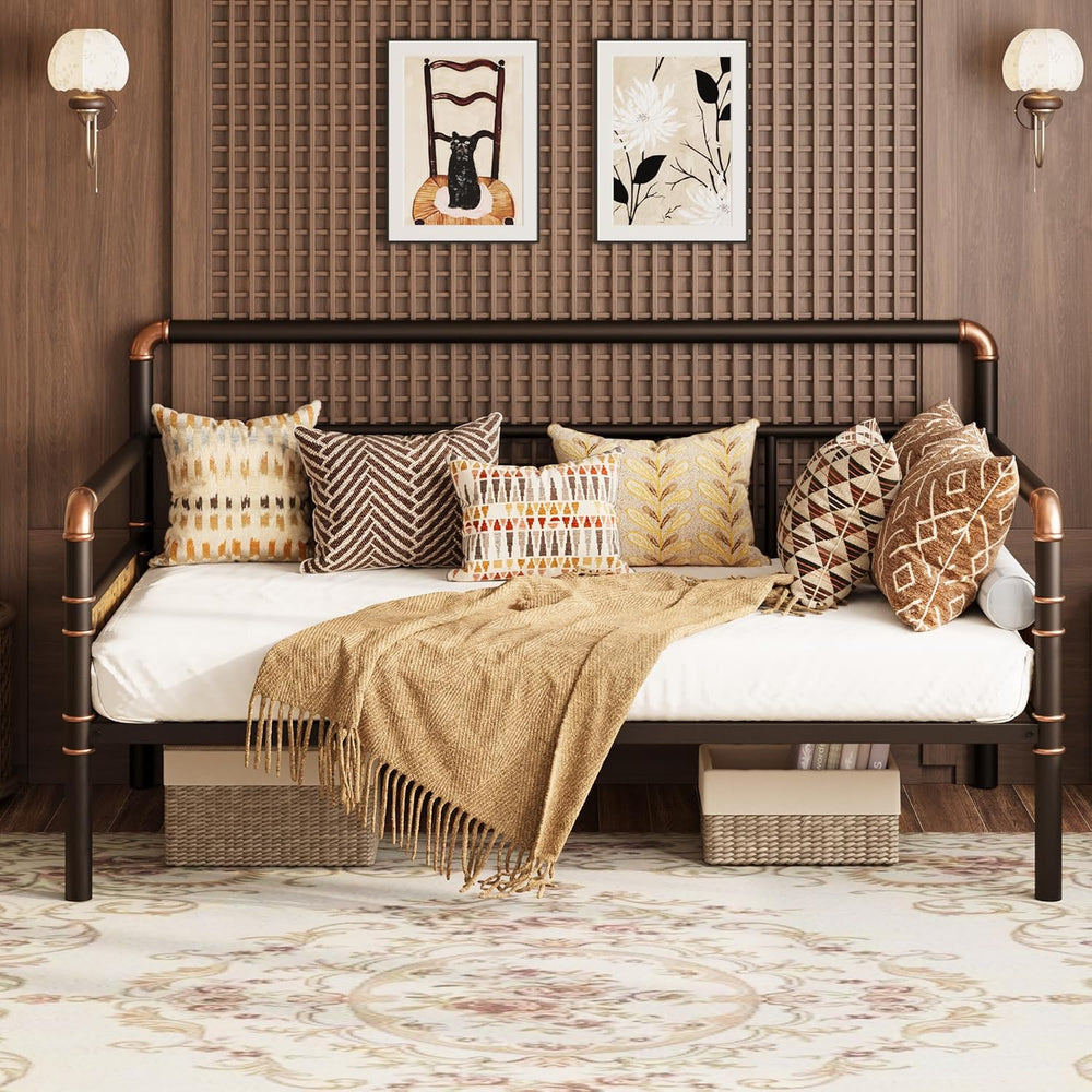 IDEALHOUSE Twin Daybed with Classic Headboard,Metal Twin Bed Frame,Brown