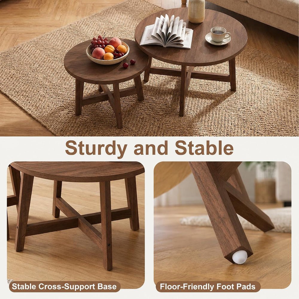 47.2" Round Nesting Coffee Table Set of 2 Walnut Wood Grain Center Table...