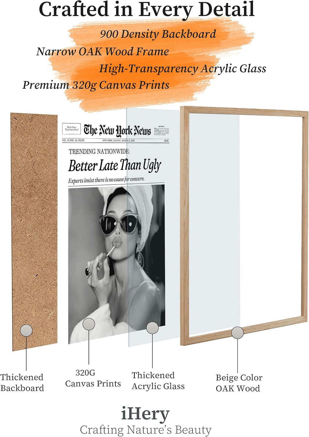 iHery 12x16in Audrey Hepburn Better Late Than Ugly Framed Bathroom Art