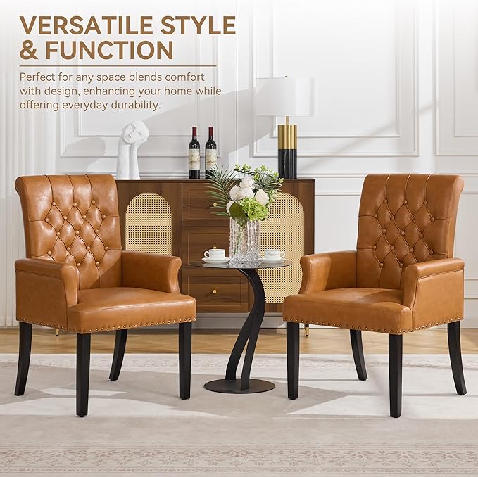 PU Leather Dining Chair with Arms, Upholstered Tufted High Back Dining Room C...