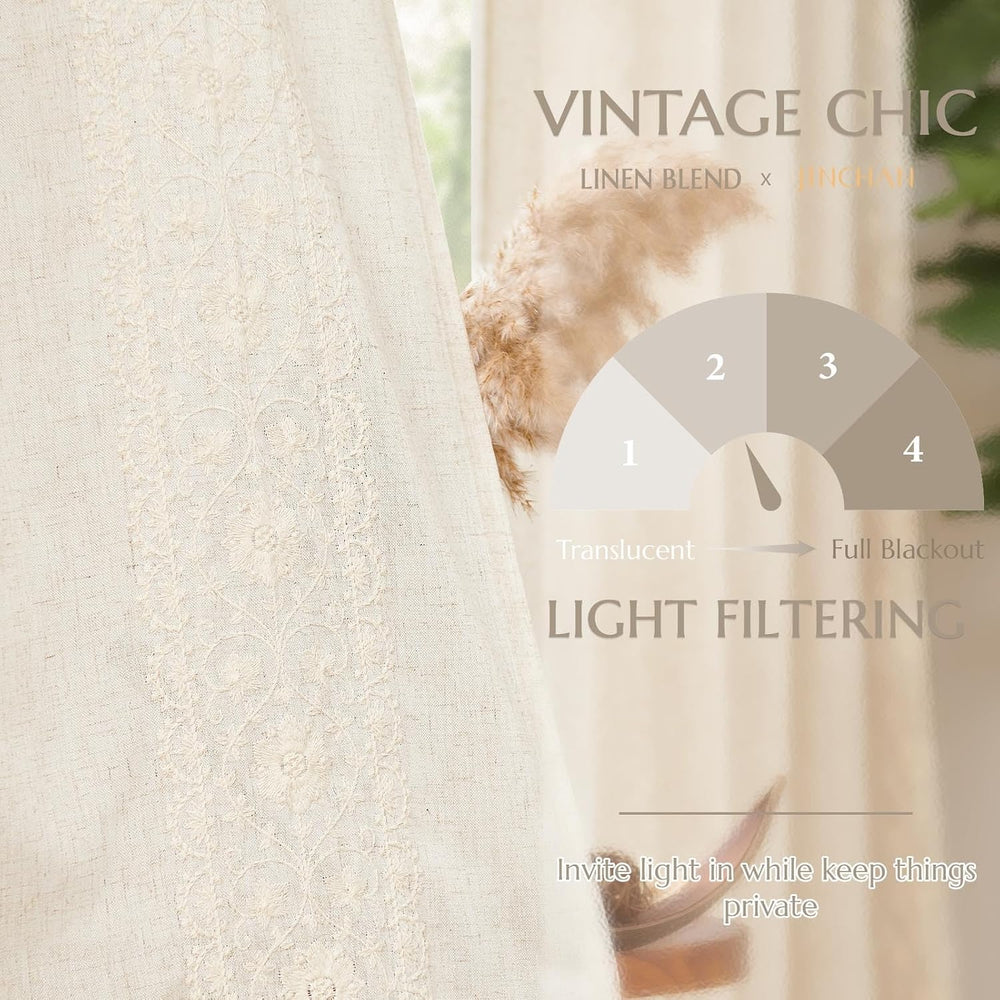jinchan Ivory Floral Linen Kitchen Tier Curtains Back Tab 54×54 2 Panels