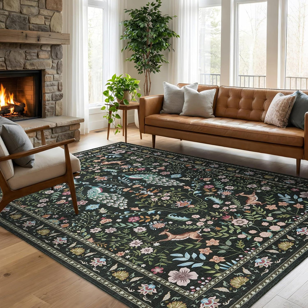 Garvee Area Rug 10x13 Washable Rugs for Living Room Floral Peacock Printed
