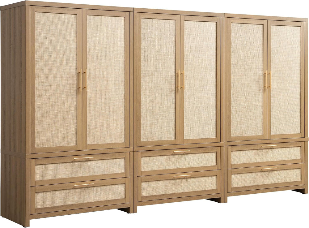 SICOTAS 71 inch Armoire Wardrobe Closet, Rattan Boho Wardrobe with Drawers