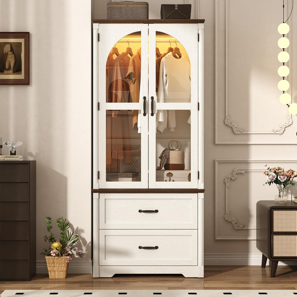 Tall Farmhouse 2 Doors Armoire Wardrobe Closet with LED ,72" Freestandin...