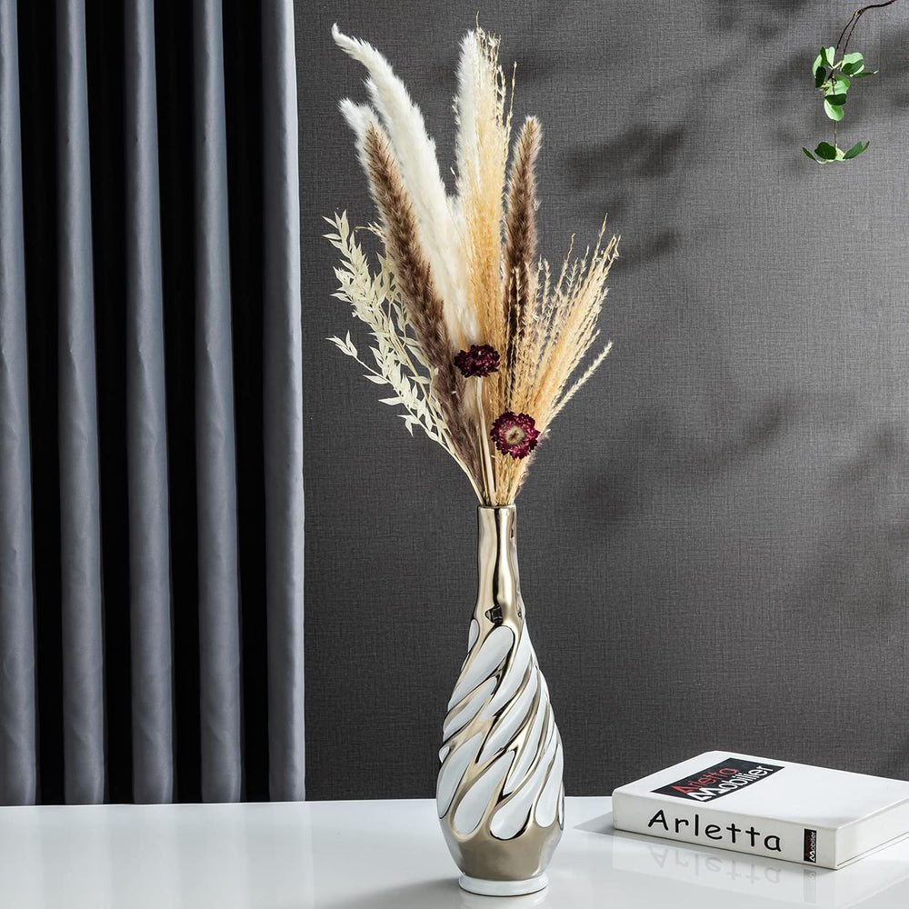 Yundu Ceramic Vase Set of 2, White with Silver, Modern Home Décor, Living Roo...