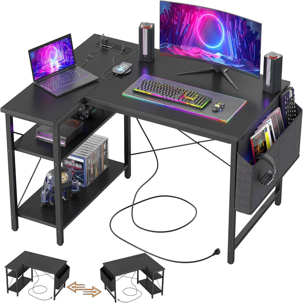 TIQLAB Gaming Desk with Power Outlets - 40 inch L Shaped Computer Desk, Rever...