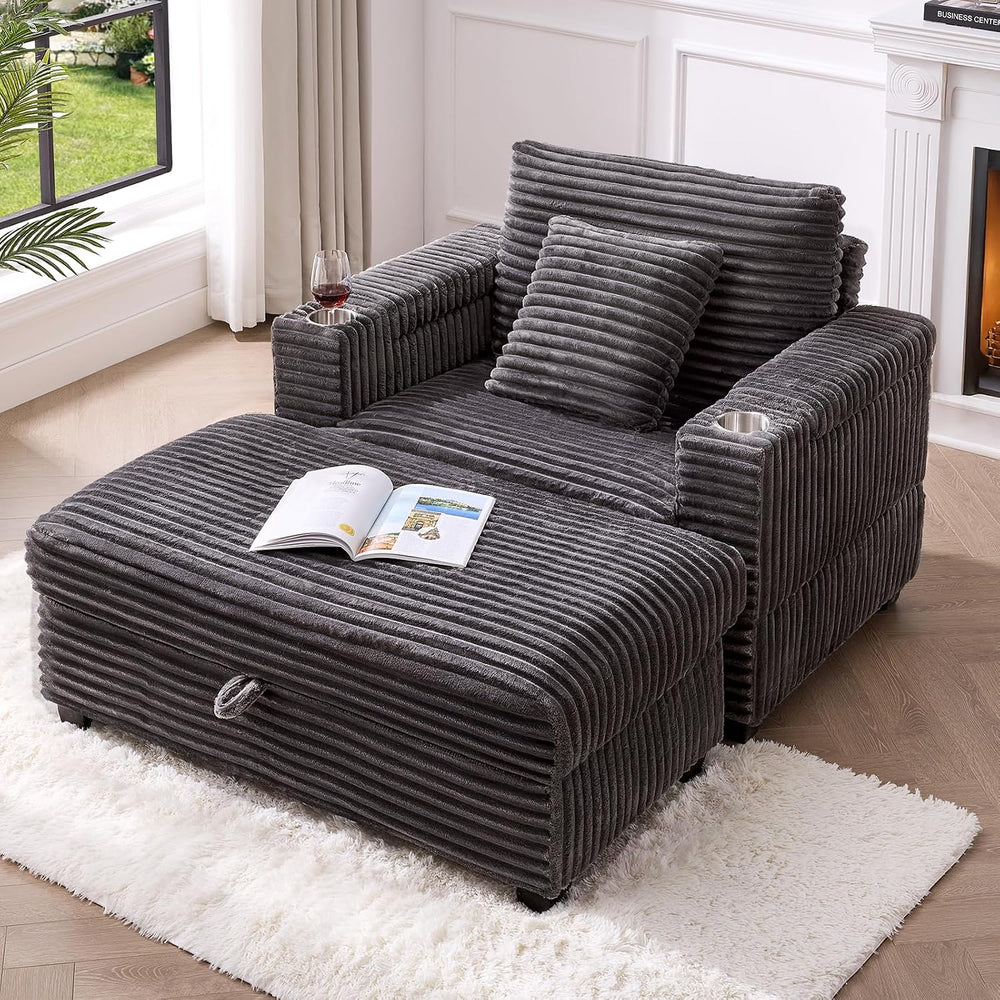 ONBRILL Corduroy Oversized Chair with Ottoman, W44 Armchair, Cup Holder