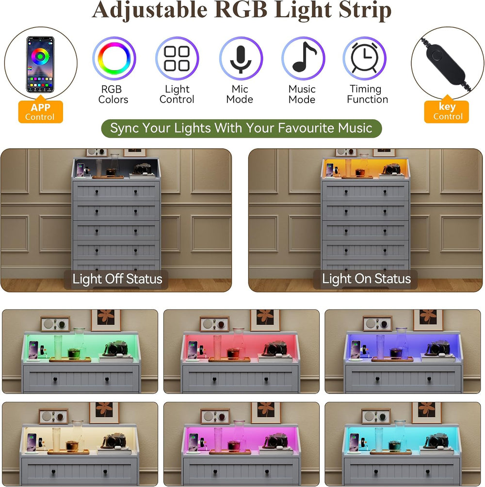 Gray 5 Drawers Dresser for Bedroom with Charging Station & LED Light