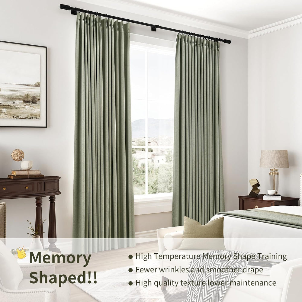 Joywell 100% Blackout Linen Pinch Pleated Curtains 84 Inch Long Sage Green