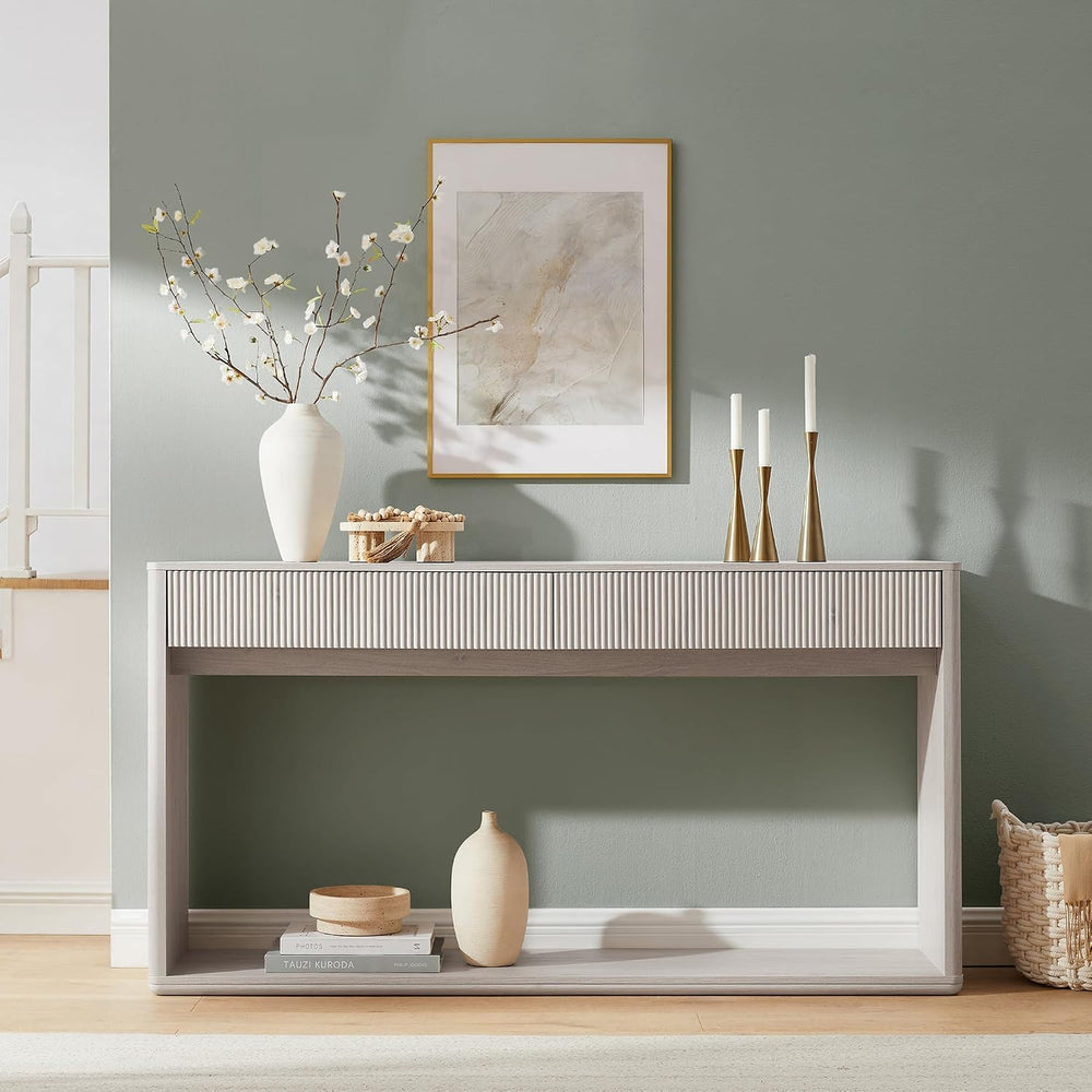 OKD 63" Fluted Console Table for Entryway with 2 Large Drawers, Alder White