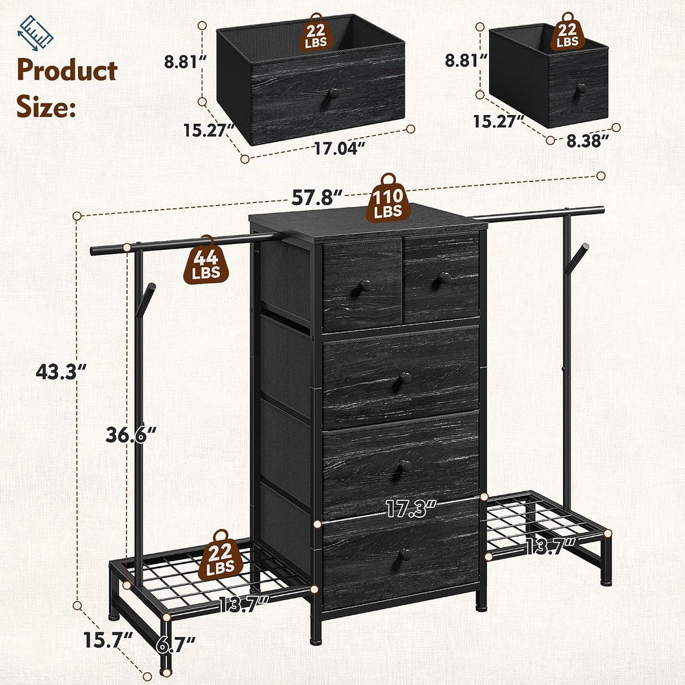 3-in-1 White Dresser with Hanging Rack, 5 Drawers & 2 Shoe Racks