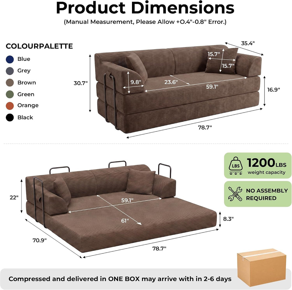 79" High-Back Convertible Futon Sofa Bed, Boneless Couch, Taupe Brown