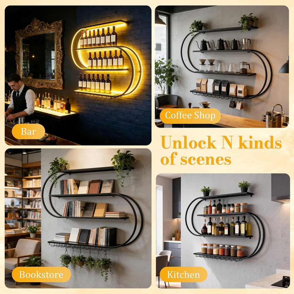 71" Modern Wall Mounted Wine Rack with LED Lights, 4-Tiers Wine Rack wit...