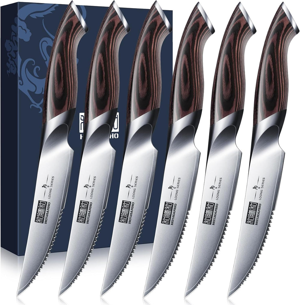 HOSHANHO Steak Knives Set of 6, Ultra Sharp 4.5 Inch Serrated Steak Knife Set