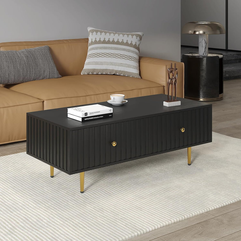 HedoAjim Modern Coffee Table with Storage with 2 Big Drawers, Black Rectangle...
