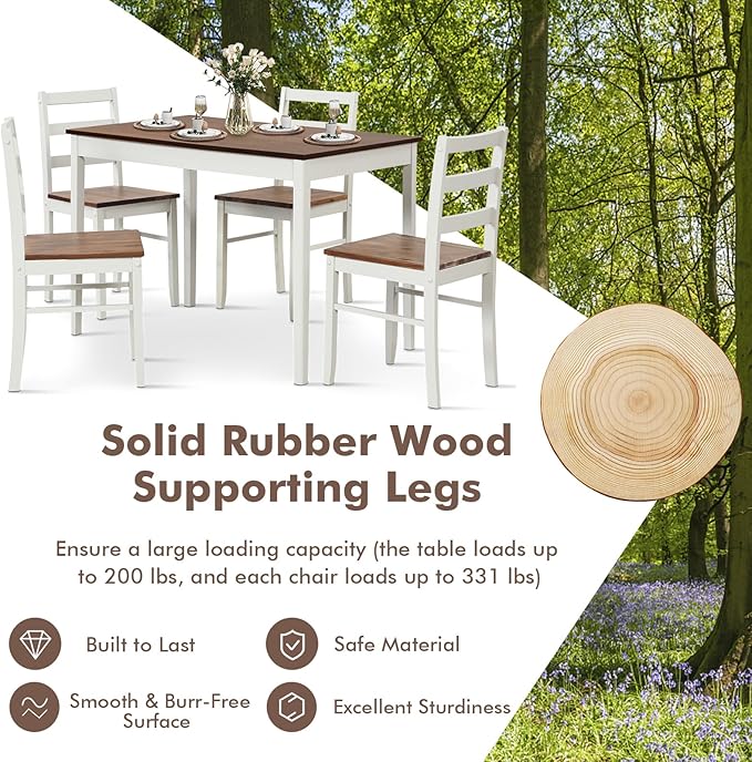 COSTWAY Dining Table Set for 4, Wood Kitchen Table Chairs Set with Rubber Woo...