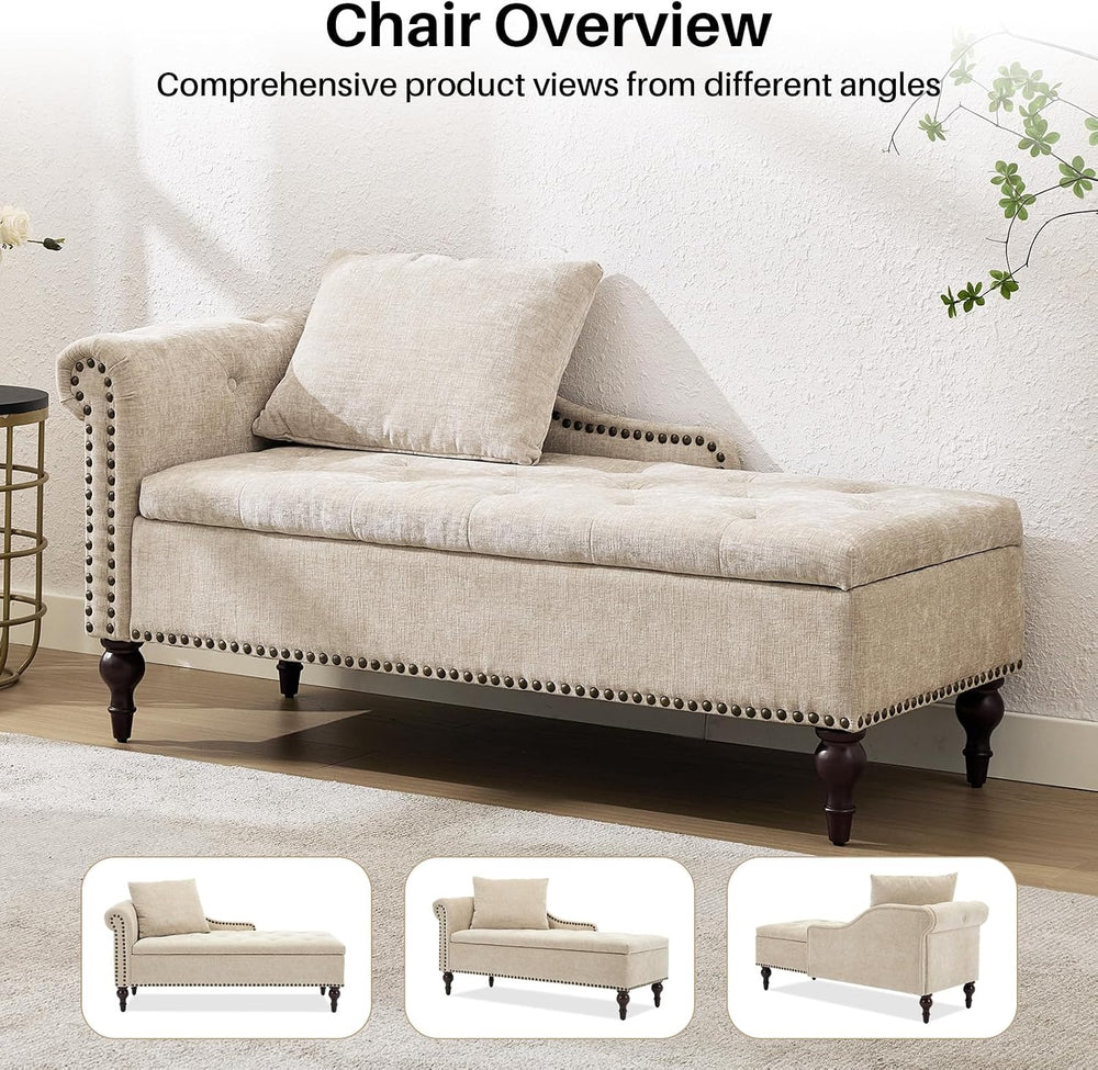 SOFTHION Velvet Chaise Lounge with Storage & Left Armrest,Brown