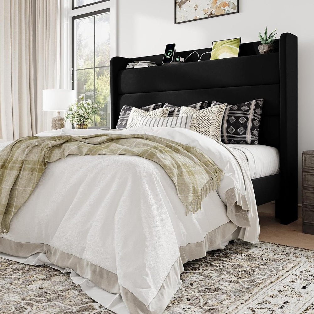 Allewie Full Size Upholstered Bed Frame with Charging Station, Black