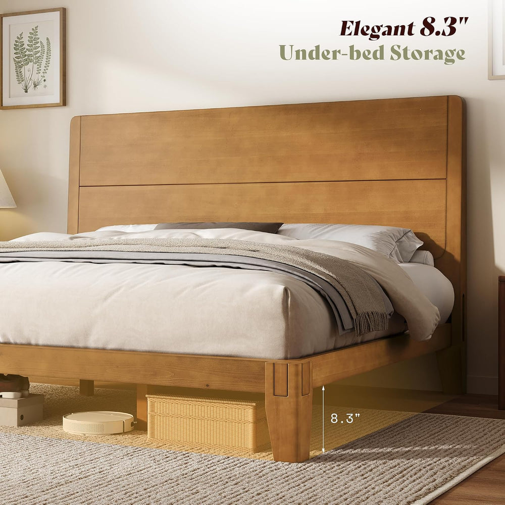 AMERLIFE Solid Wood Queen Bed Frame with Headboard, Japanese Joinery, Brown